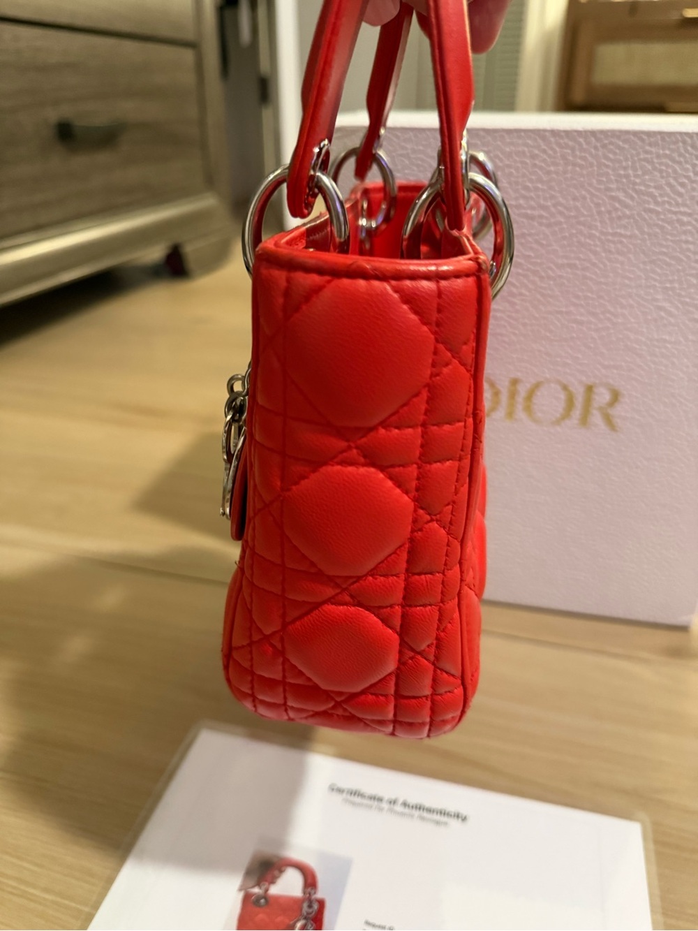 Dior Red Quilted Lady Mini Tote with Silver Hardware - Picture 5 of 13